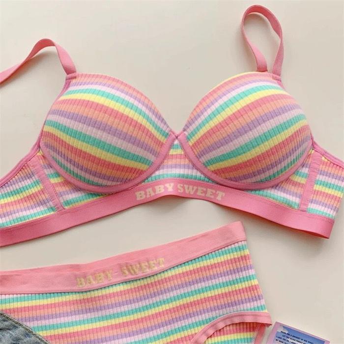 VGBra 013 Set Bra dan BH Dopamine Rainbow untuk Bikini Pantai Premium Nyaman Tanpa Kawat - Busa,