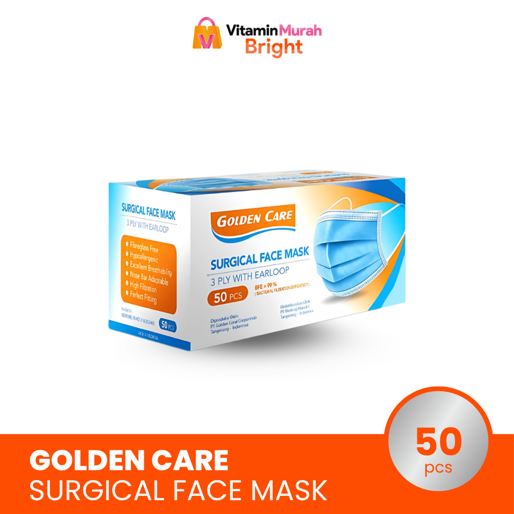 MASKER GOLDEN CARE 3 PLY WITH EARLOOP BFE 99 % 1 BOX ISI 50 PCS