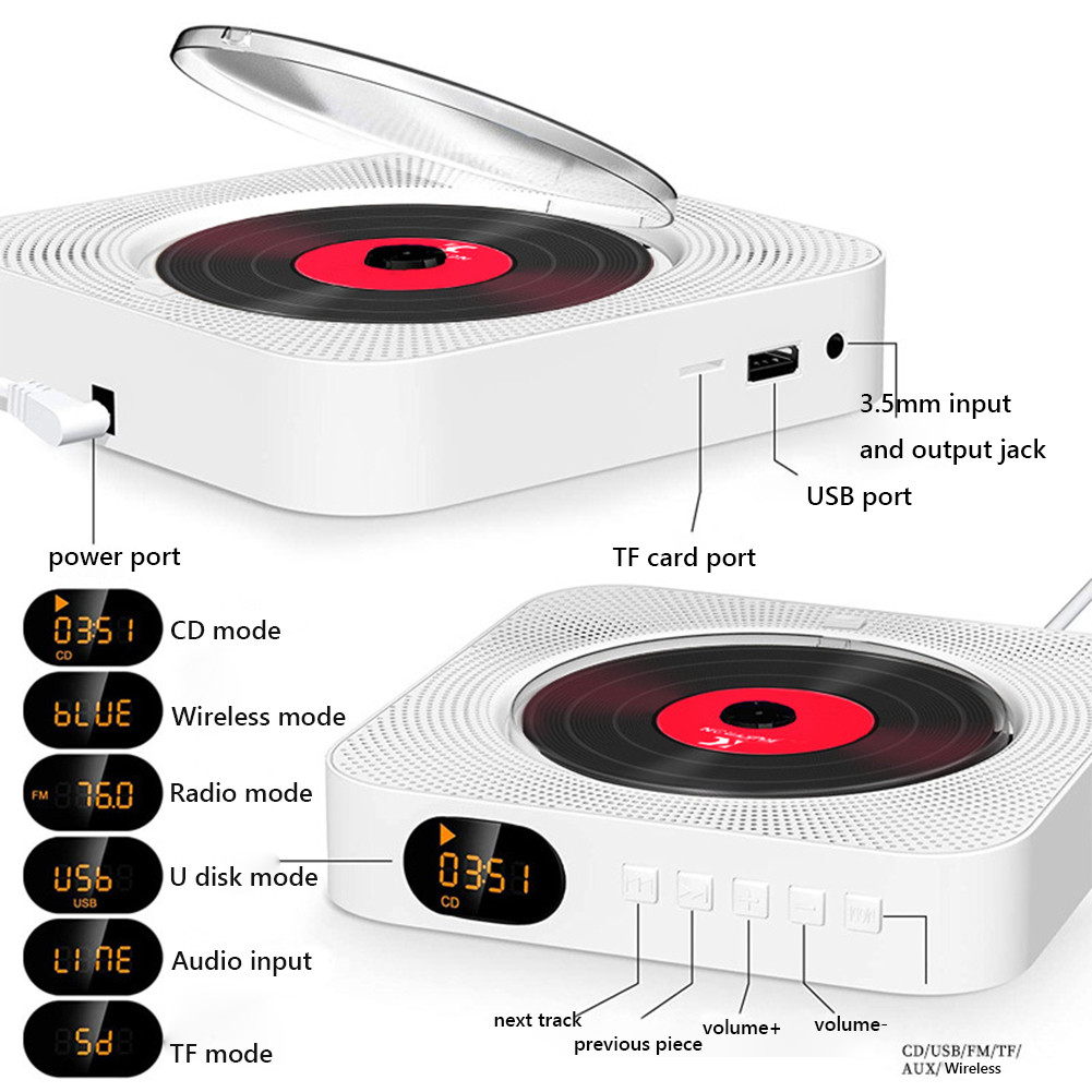 Portable CD Music Player Wall Mounted Bluetooth-compatible 5.1 Stereo Speaker Music Player Stereo