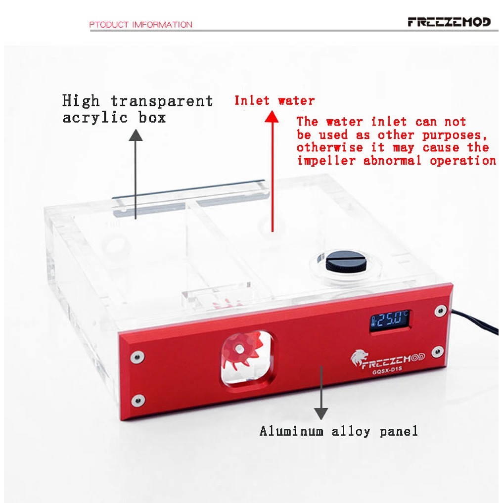 FREEZEMOD PC Cuboid Reservoir Cube Thermometer Water Cooling LCD Monitor Liquid Tank Drive Metal