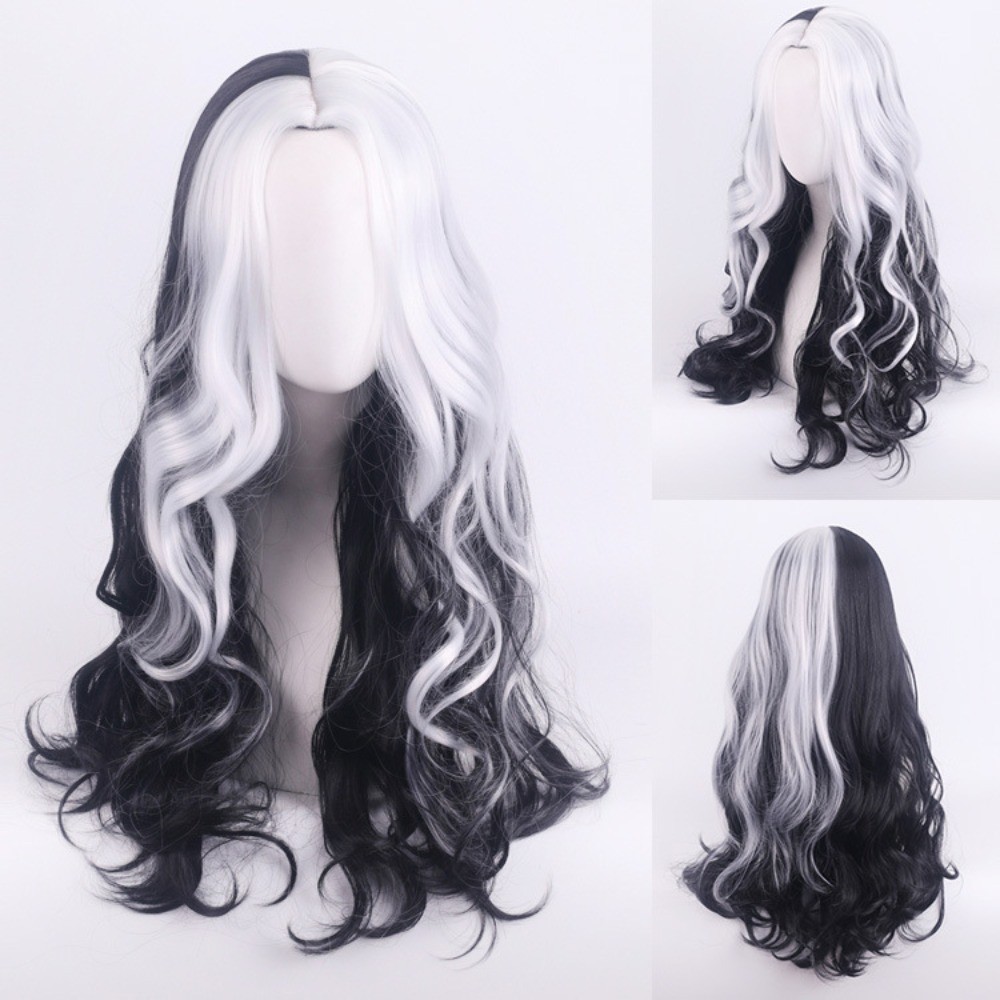 CRUELLA DE VIL TWO TONE CURLY COSPLAY WIG 101 DALMATIANS VILLAIN COSTUME PARTY HAIR