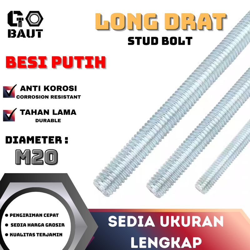 AS Drat / Long Drat / Stud Bolt (Galvanis Putih) M20