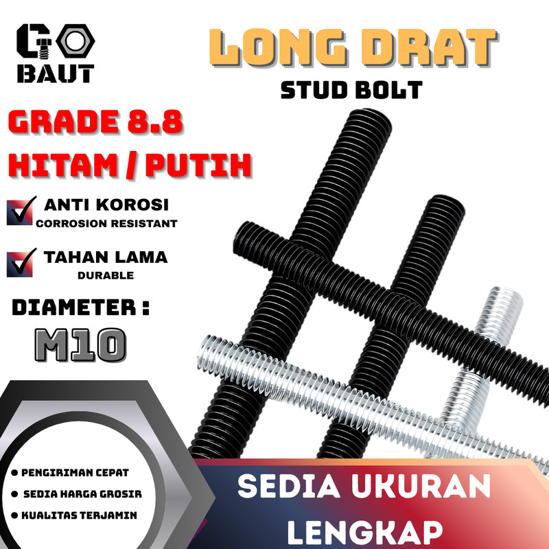 AS Drat / Long Drat / Stud Bolt Baja 8.8 (Hitam / Putih) M10