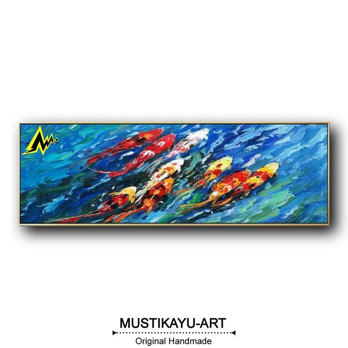 lukisan kanvas abstrak ikan koi 120 x 280 cm frame hiasan dinding