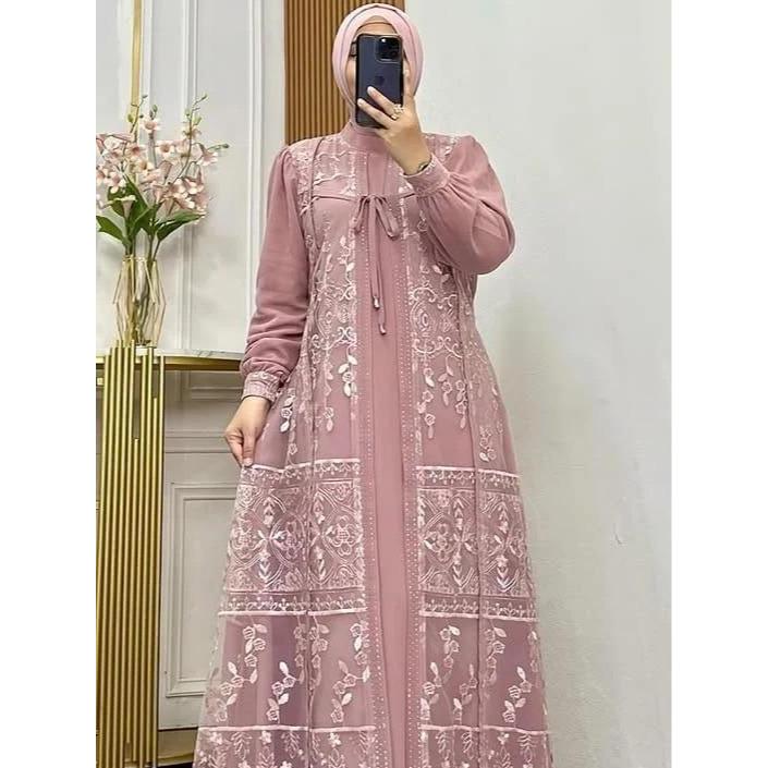 Davina Dress Bahan Ceruty Babydoll Mix Brukat Bling Bling Outer Kondangan Elegan Simple Terbaru