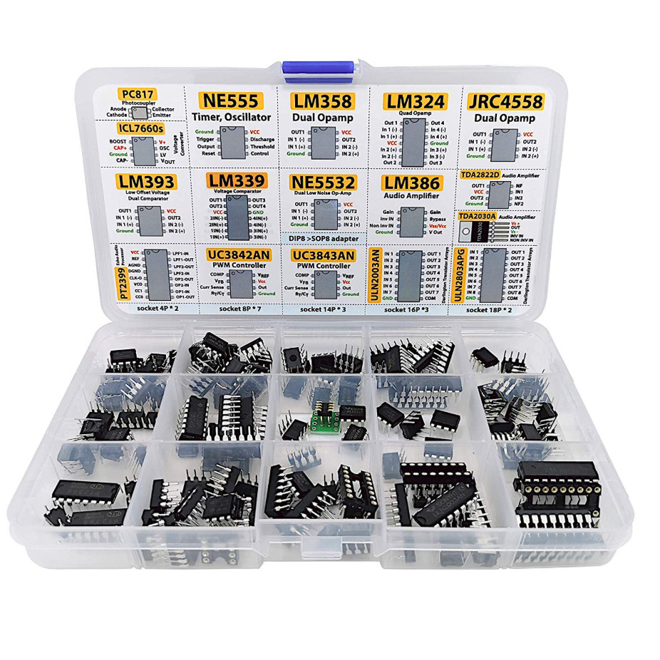 XL IC Chip Assortment 150 pcs, opamp, oscillator, pwm, PC817, NE555, LM358, LM324, JRC4558, LM393,