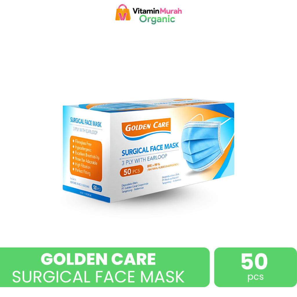 MASKER GOLDEN CARE 3 PLY WITH EARLOOP BFE 99 % 1 BOX ISI 50 PCS