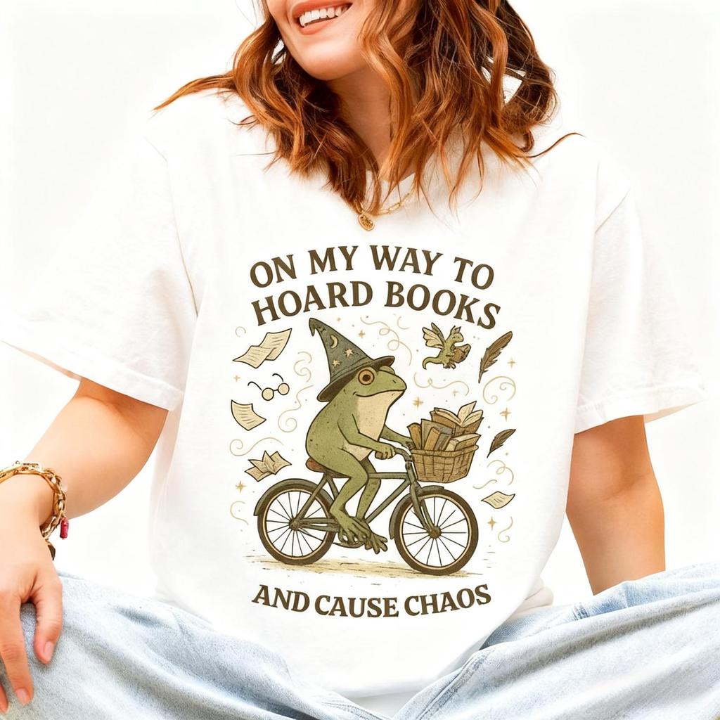 On My Way To Hoard Books And Cause Chaos T-Shirt, Tom Foolery Shirt, Funny Frog Tee, Cottagecore Coz