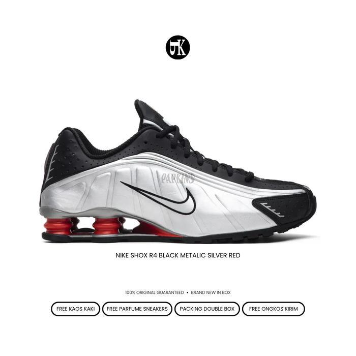 sepatu nike shox r4 black metallic silver red original bnib / sepatu running pria