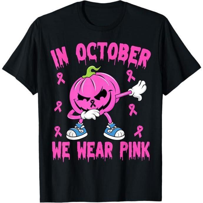 In October We Wear Pink Breast Cancer Pumpkin Halloween Men T-Shirt