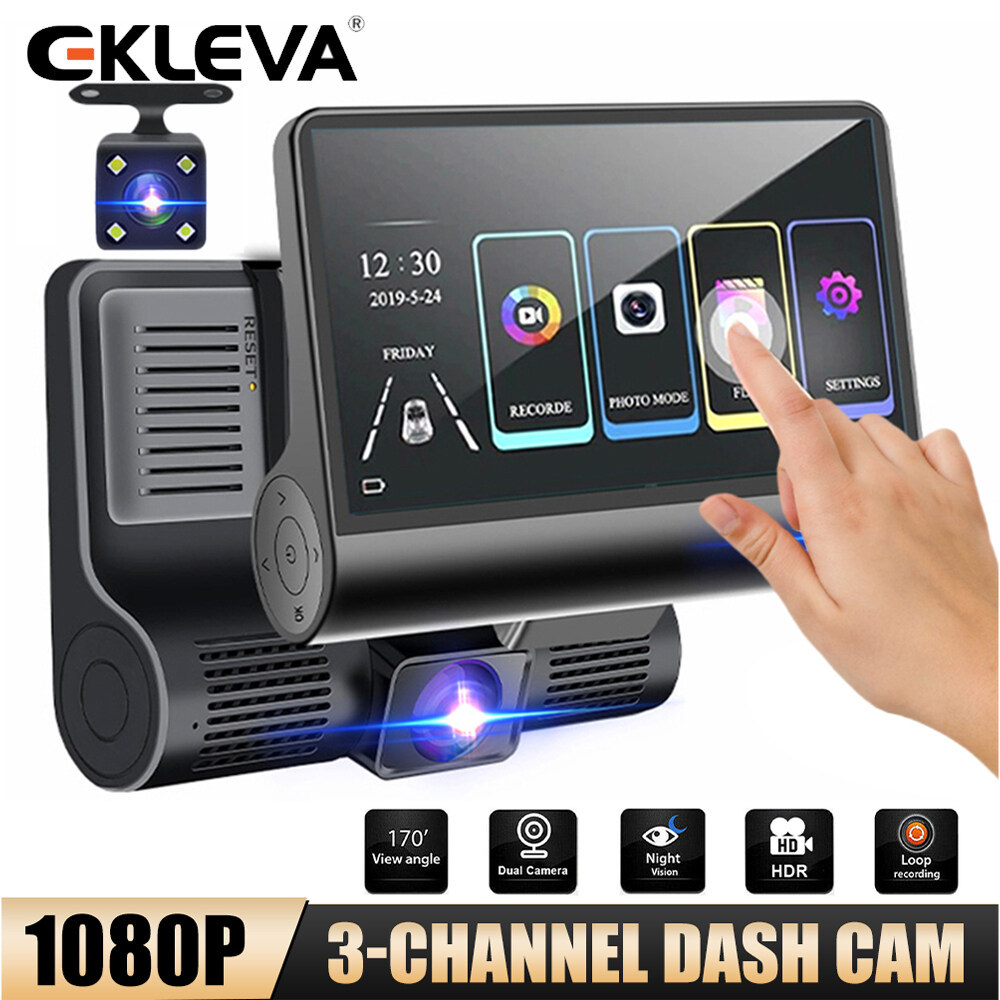 EKLEVA 1080P Dash Cam 3 Channel Front Inside Rear Camera Recorder 4"Touch Screen Night Vision