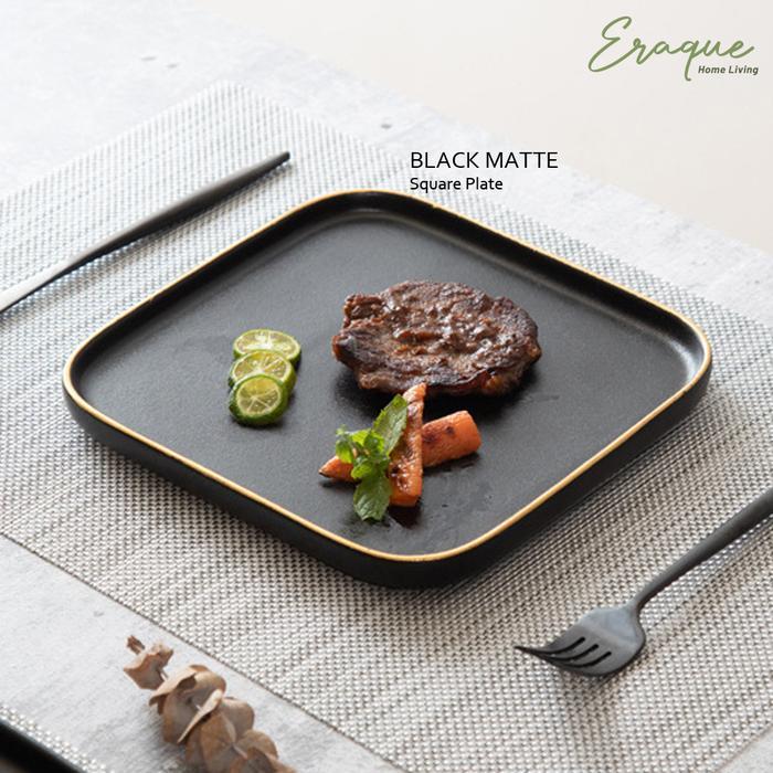 Black Matte Square Gold Plate / Piring Saji Makan Steak Hitam Keramik Matte Kotak