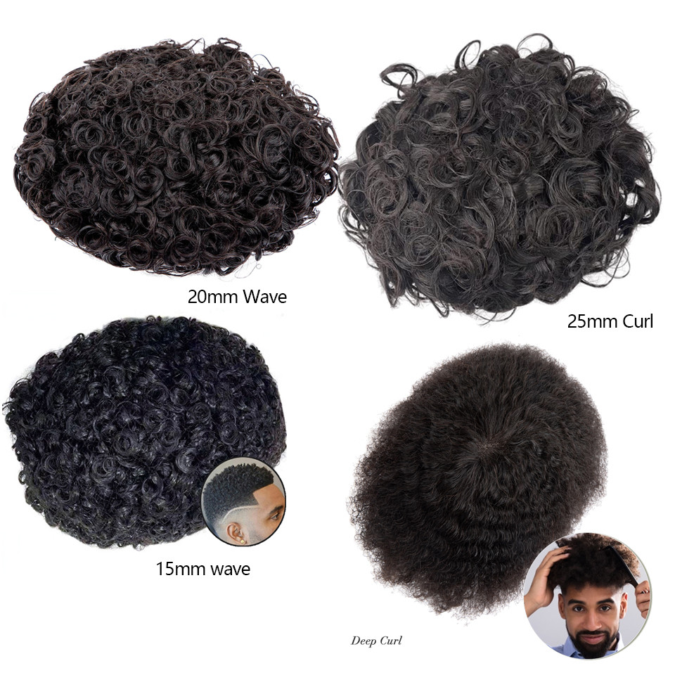 20mm Curly Natural Black Weave Toupee For Men 100% Human Hair Wig Mono Lace& NPU Toupee Men Hair