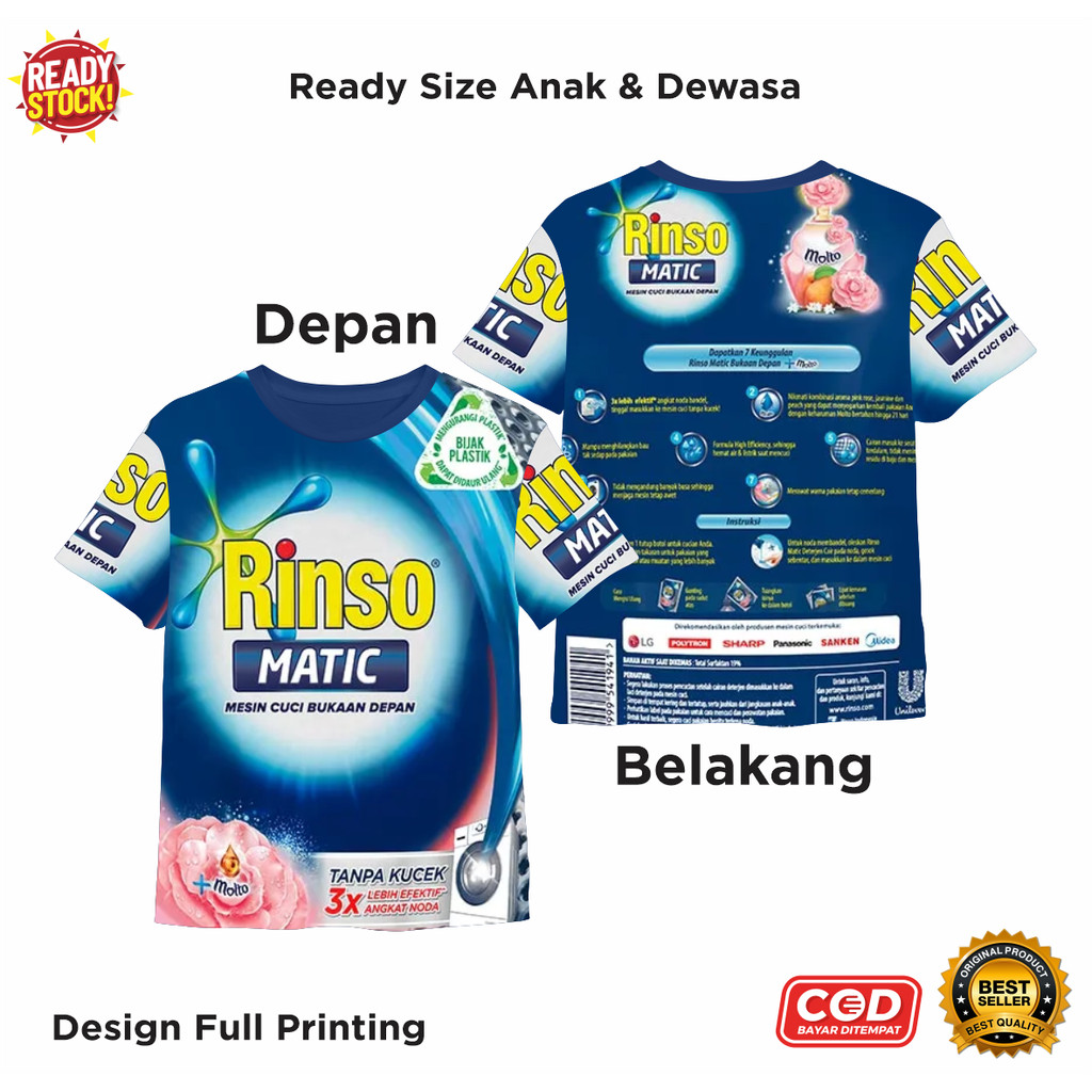Kaos Rinso Matic Mesin Cuci Baju Bukaan Depan Full Printing Keren | Baju 3D Pencuci Pakaian Anak dan