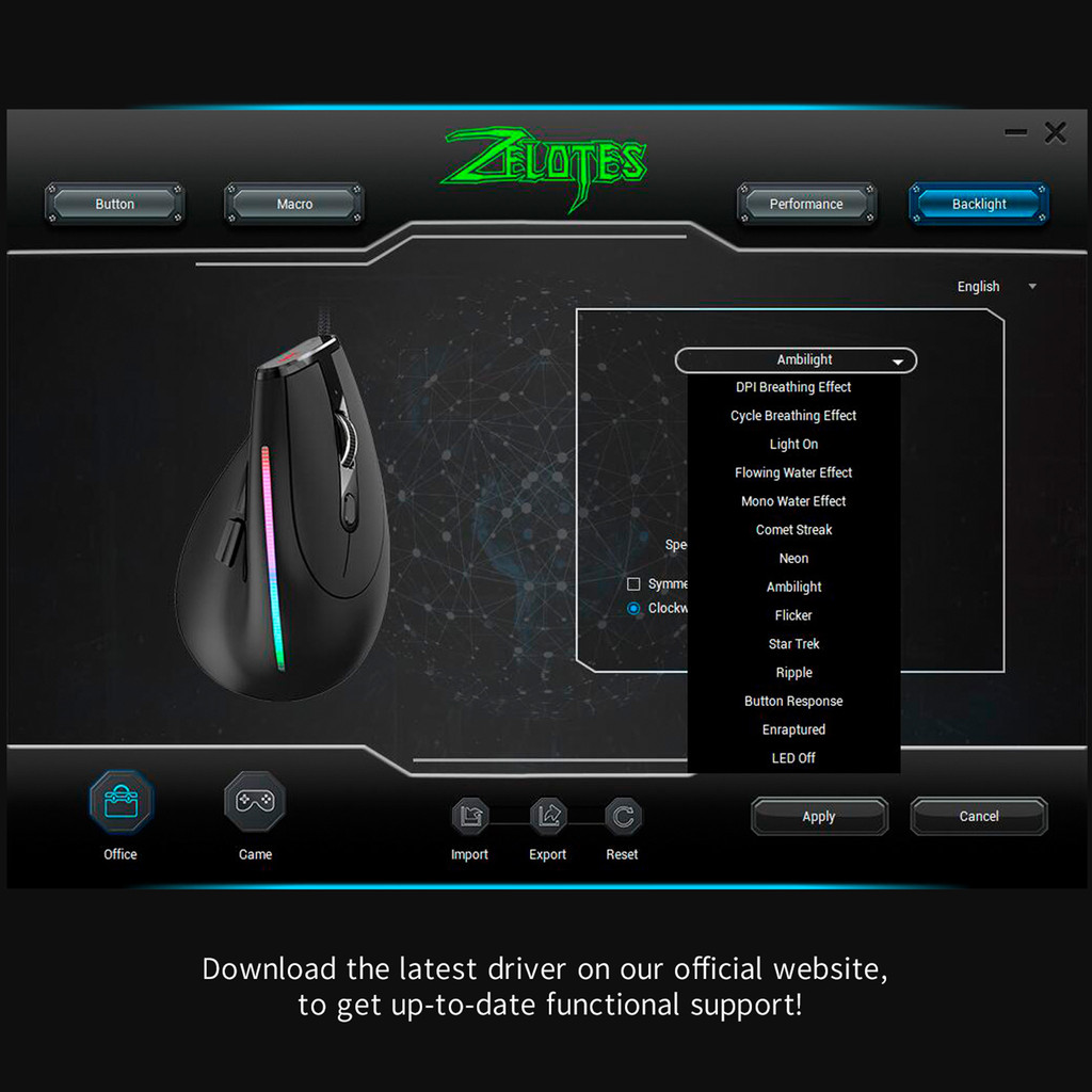ZELOTES T-50 Vertical Mouse Wired Mouse 9 keys RGB optical Mice 12800DPI Wired Ergonomic Mouse for