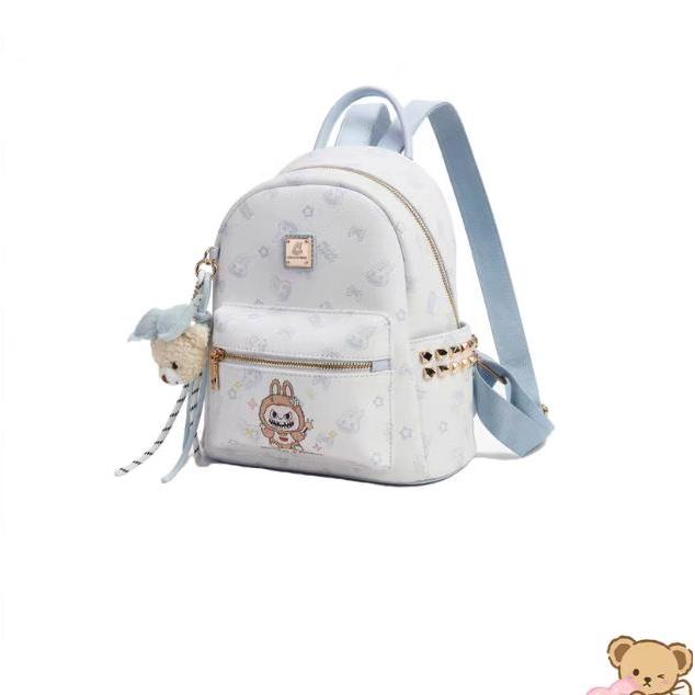 Tas Minimalis Wanita Hello Rabbit - Ransel Labubu Warna Biru Muda Dengan Gantungan Boneka Imut -