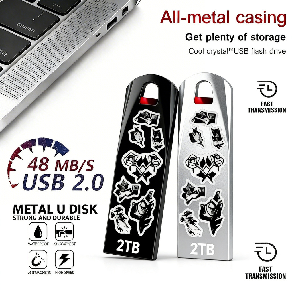 2TB 1TB Metal USB 2.0 Flash Drive High Speed, Waterproof Pendrive with DIY Stickers, Portable U Disk