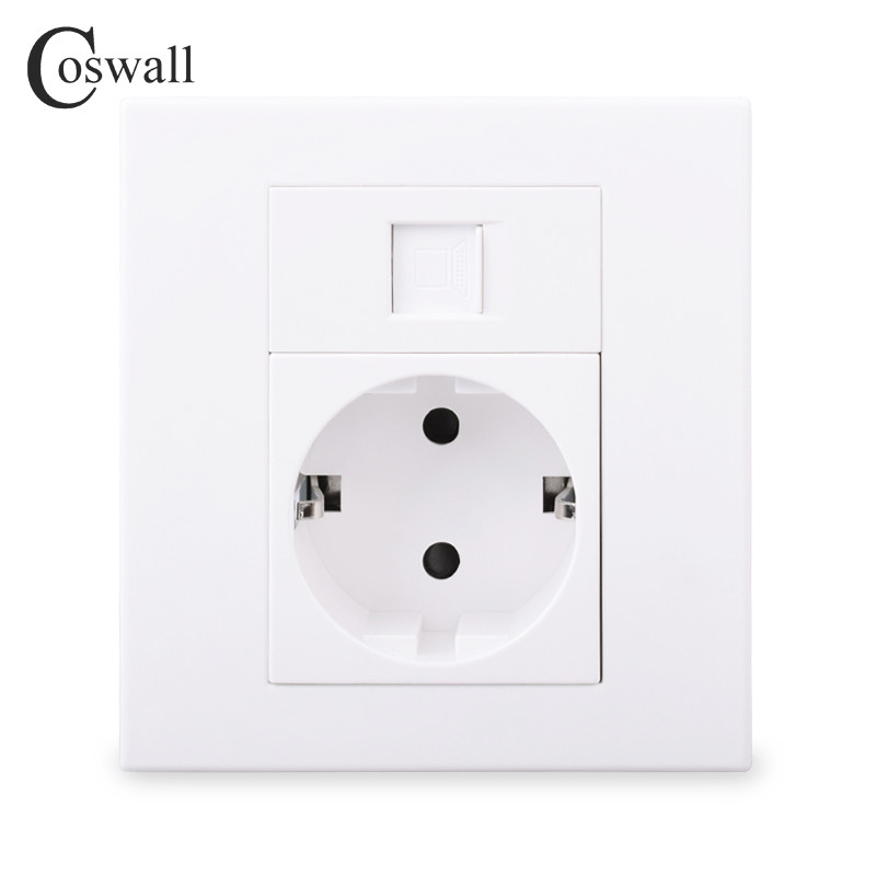 Coswall PC Panel EU Russia Spain Wall Socket + 1 Gang CAT6 RJ45 Internet Computer Data Connector