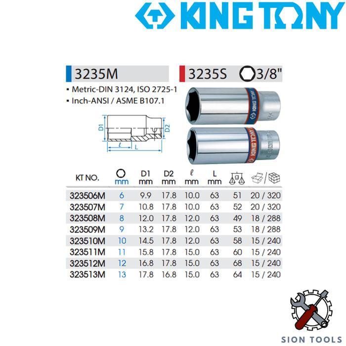 KING TONY 3/8 INCH KUNCI SOCK DEEP WALL 6 PT 8 - 19 MM / MATA SOK DEEP