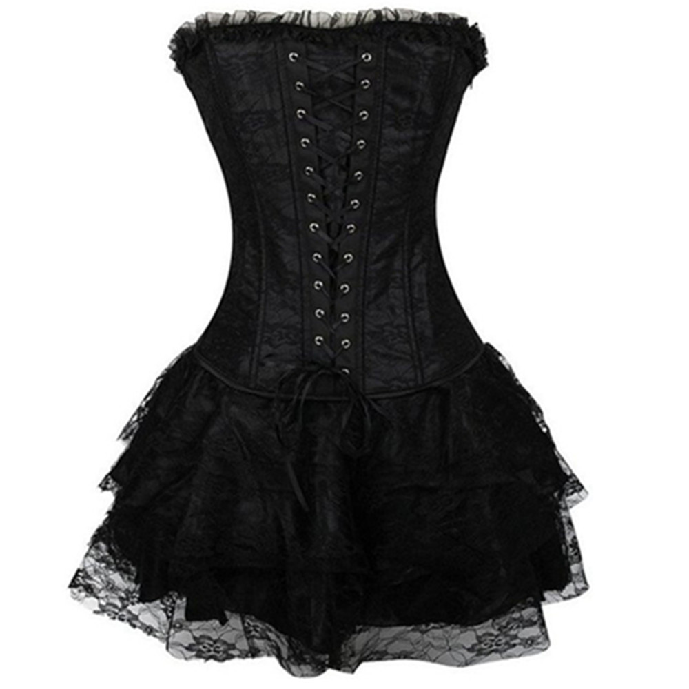 Women's Sexy Lace Up Overbust Corset Bustiers Dress Gothic Body Shaper Mini Skirt Showgirl Dance