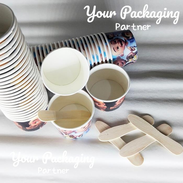 Paper Cup Ice Cream 2,5oz Motif + Sendok isi 50 Pcs/ Gelas Kertas 2oz