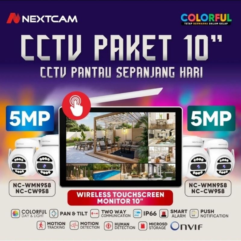Nextcam paket kamera cctv 8 channel 4 kamera 5mp nvr plus monitor layar sentuh 10.1 inch ptz plus mo