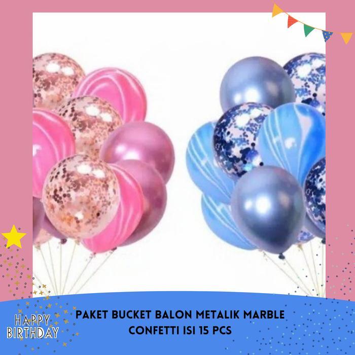 Paket Bucket Balon METALIK MARBLE Confetti isi 15 PCS