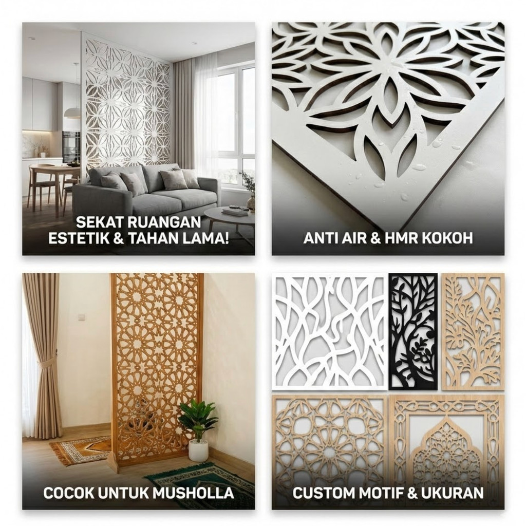 Partisi Ruangan Penyekat Ruang Tamu Minimalis Custom Motif Laser Cutting HMR Anti Air