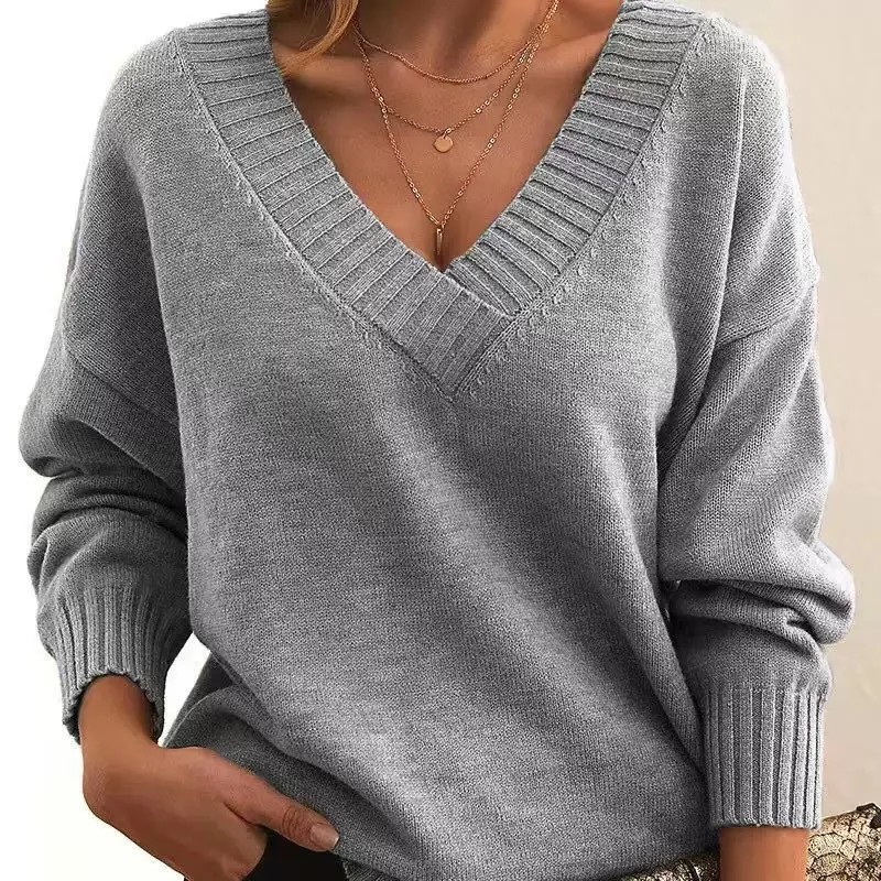 2025 New Women's Oversized V-Neck Casual Knitted Sweater Loose Fit Cross-Border Style Comfortable