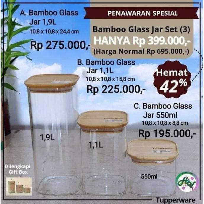 Tupperware Bamboo Glass Jar Toples Kaca Tutup Bambu 3Pcs [A08]