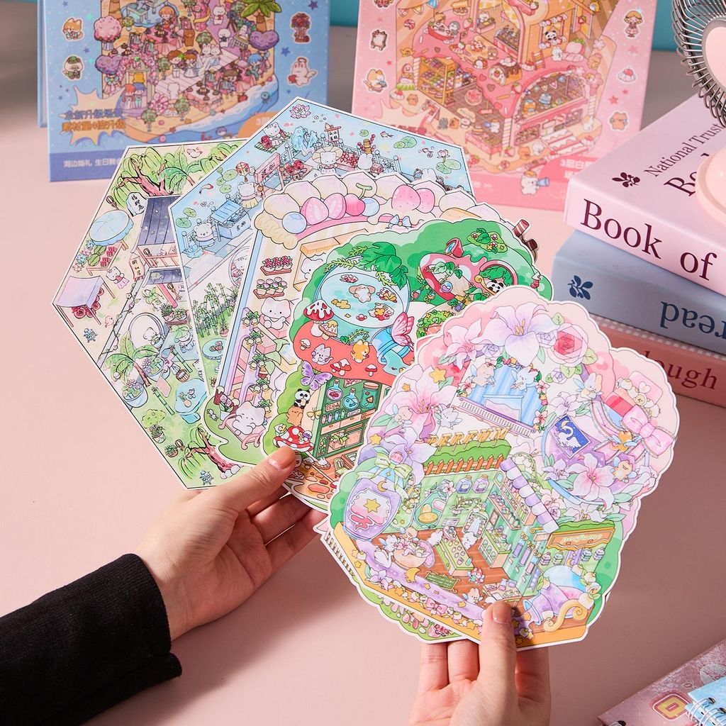 Kawaii 3D Rainbow Island Series Miniature Scene Stickers Book Visual Stacking DIY Pocket House