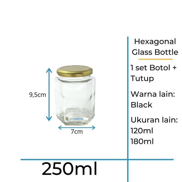250ml Botol Kaca Hexagon / Toples Jar Kaca Madu segi enam + Tutup