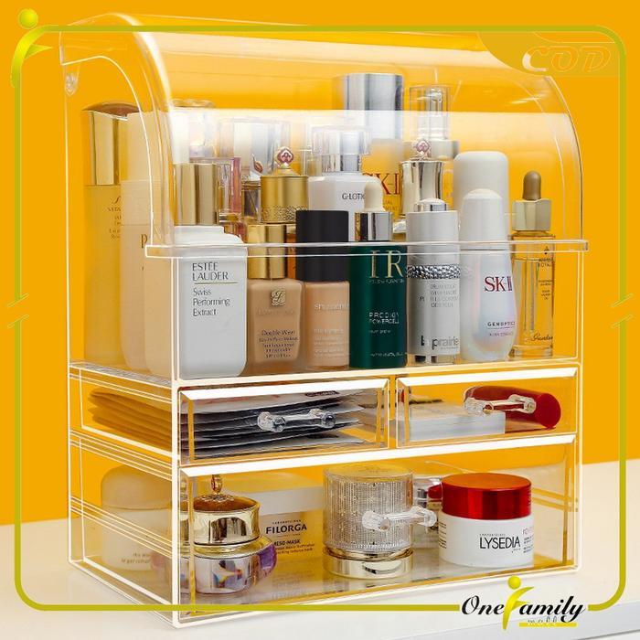 Rak Kotak Laci Tempat Alat Make Up Skincare Kosmetik Meja Rias Tutup Akrilik Anti Debu
