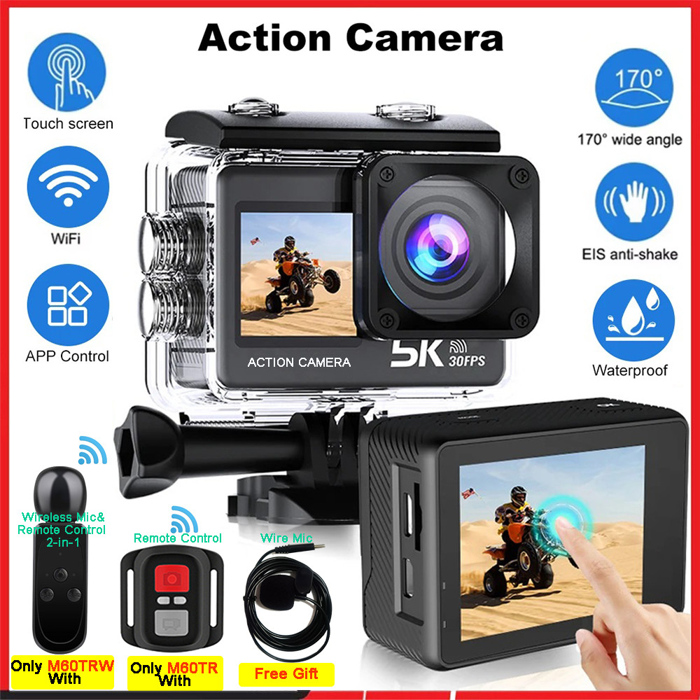 Action Camera 5K 4K60FPS 50MP 2" Touch Dual Screen 5X Zoom Wi-Fi EIS 170 DVR Webcam Wireless Mic 30M