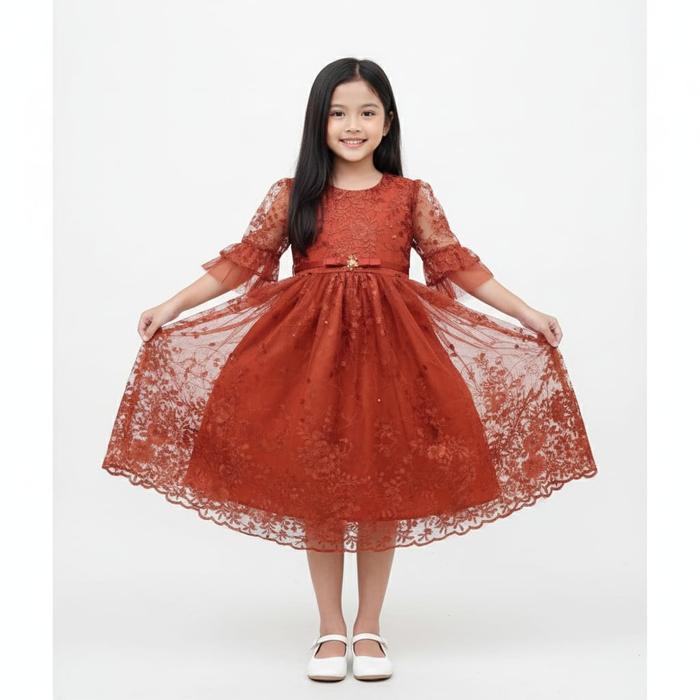 Gaun Pesta Anak Bordir Mutiara Love Mewah Usia 1-12 Tahun Bahan Tille Satin Furing Brokat Cocok