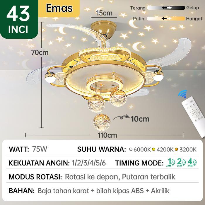 Lampu Gantung Kristal Kipas Angin Plafon Kristal Lampu Gantung Ruang Tamu Kamar Tidur 3 Warna Lampu 