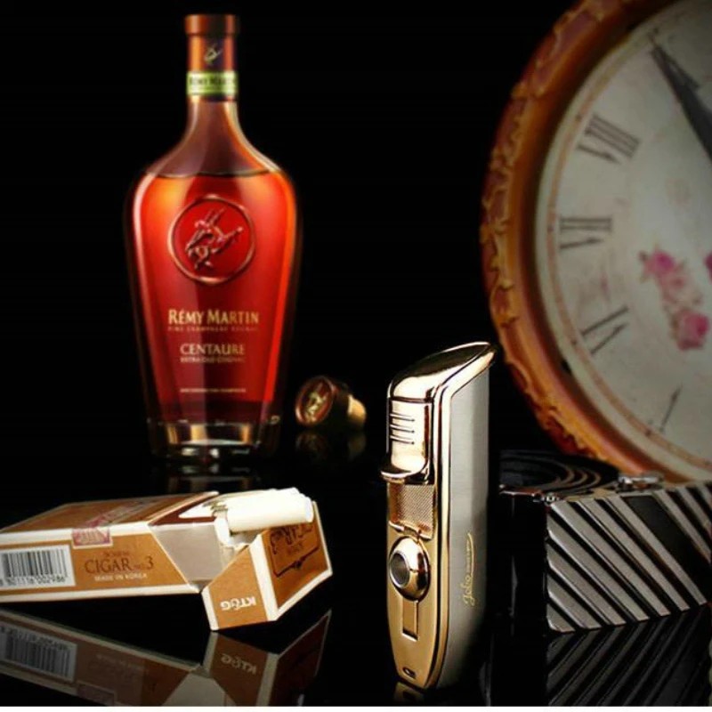 New windproof metal cigar lighter, 3 blue flames, turbo torch, portable lighter with cigar punch