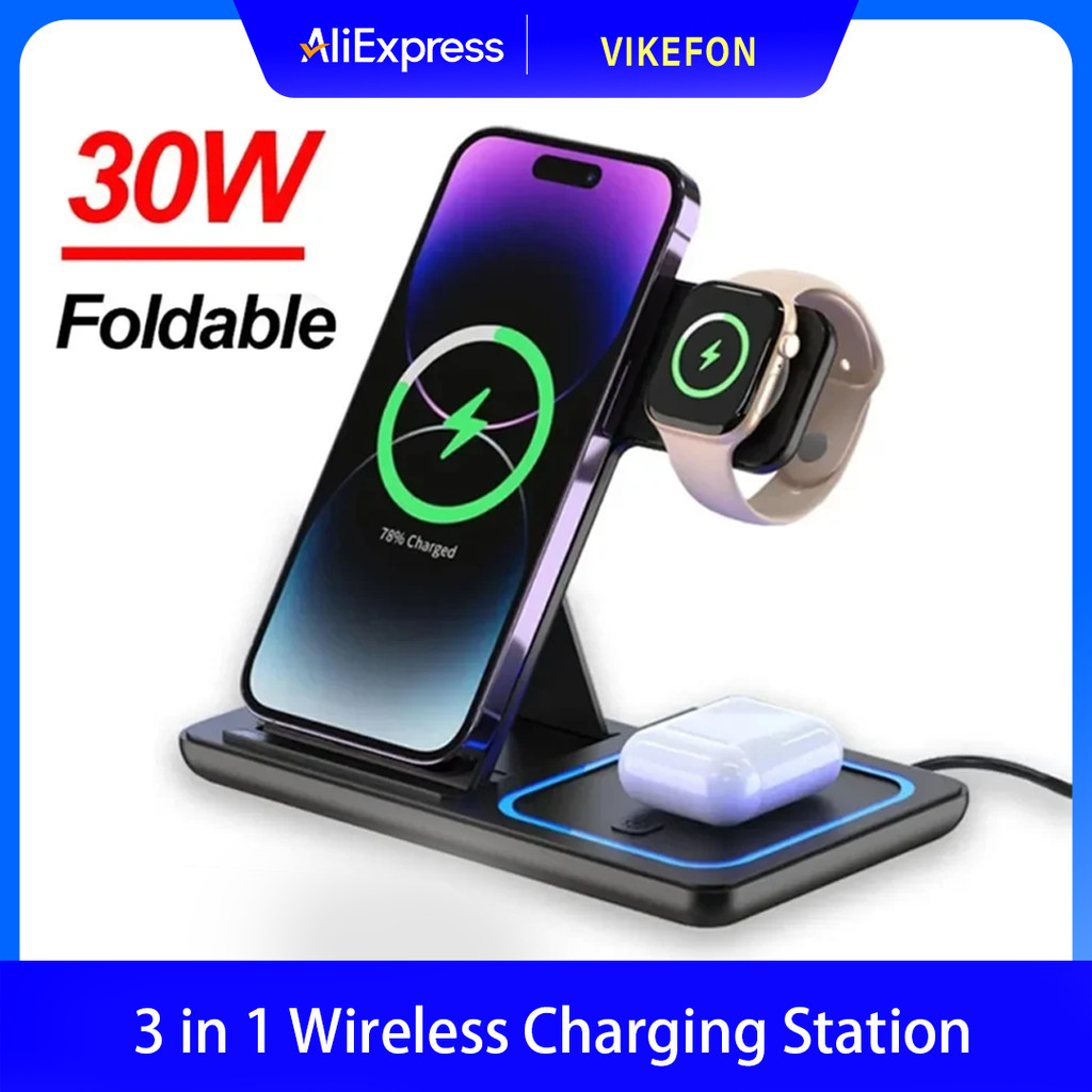 30W Wireless Charger Stand 3 in 1 Fast For iPhone 16 14 13 12 11 Apple Watch Airpods Pro iWatch 8 7