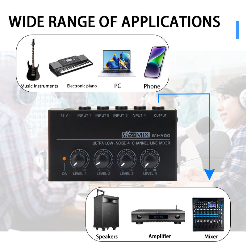 MX400 Mini 4-Channel Audio Mixer Ultra Compact Sound Low Noise With Power Adapter DJ Karaoke Audio