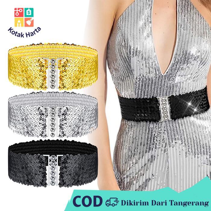 SIAPKIRIM Ikat Pinggang Elastis Ikat Pinggang Sabuk Payet Adjustable Belt Payet Gemerlap Belt Wanita