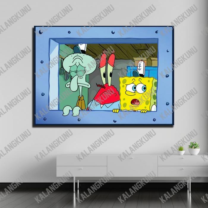 Poster Kayu Hiasan Dinding Jendela Spongebob Squidward Krusty Crab Dekorasi Kamar Populer