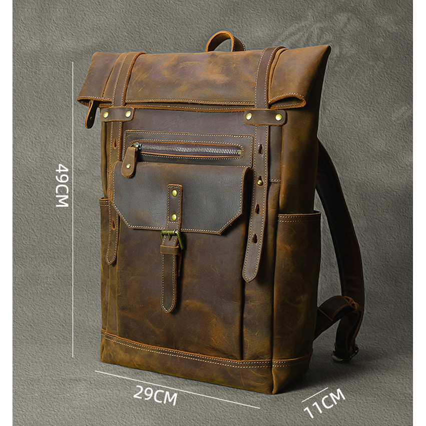 Retro Genuine Leather Men's Backpack Large Hiking Bagpack Bag Crazy Horse Leather Travel Backpack
