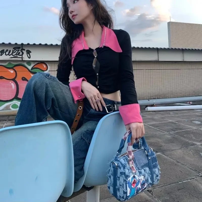 Disney 2025 New Cartoon Stitch Shoulder Bag Original Niche Denim Hole Splicing Crossbody Bag Women's