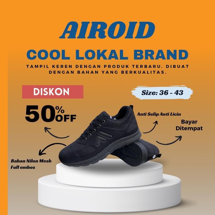 AIROID - Sepatu Sekolah Sepatu Olahraga Hitam Polos Sepatu Casual Pria/Wanita 36-43 Sneakers
