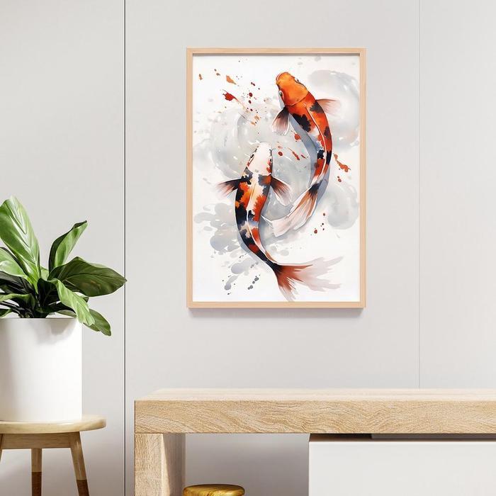 Lukisan Poster Print Ikan Koi frame kayu, dekorasi dinding kamar rumah