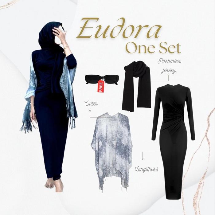 Outfit 3in1 Pantai longdress Hitam Outer Akar Putih Pashmina Kacamata Kekinian Hijab OOTD OJ36