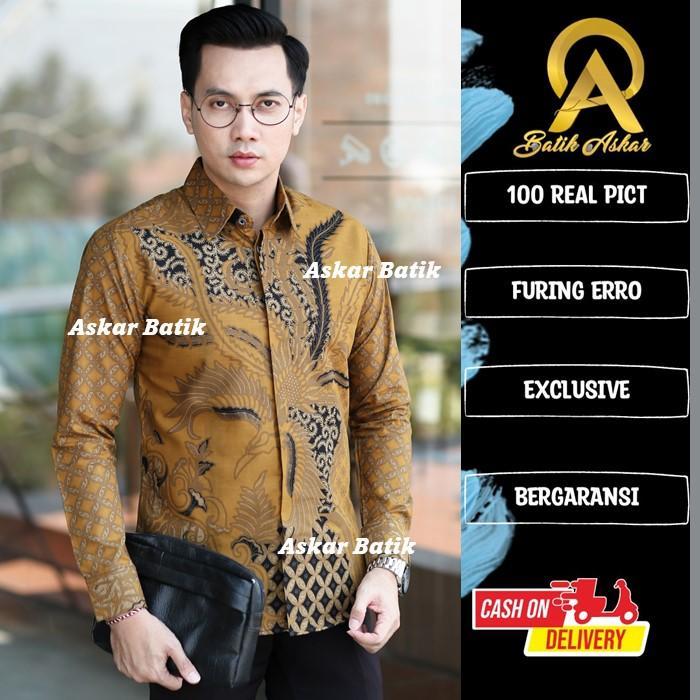 NISMARA Batik Pria Slimfitting Lengan Panjang Warna Kuning Kunyit Baju Motif