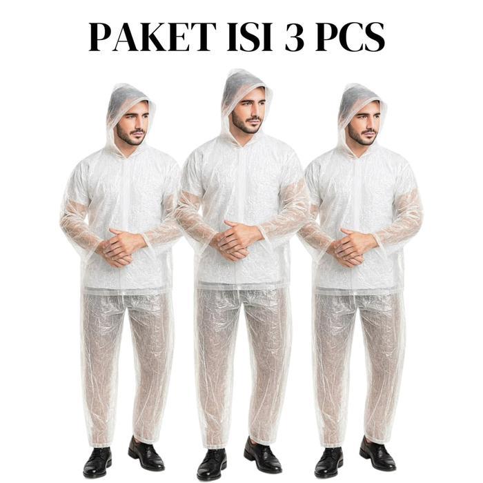 ISI 3 JAS HUJAN SETELAN JAKET CELANA PUTIH LENGAN PANJANG / MANTOL PLASTIK EKONOMIS