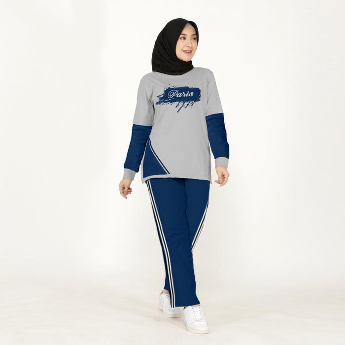 Premium Set Paris Setelan Training Olahraga Wanita Muslimah Bahan Babyterry Lengan Panjang Sablon