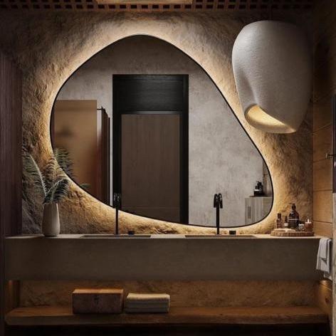 Hiasan dinding cermin abstrak kayu jati, cermin kamar mandi jati